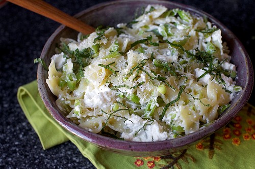 Bowties with sugar snaps, lemon and ricotta