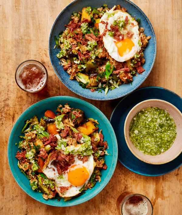 Boxing Day fried rice with garlic and spring onion sauce
