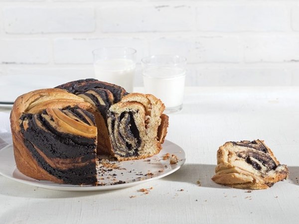 Braided black cocoa and peanut butter brioche