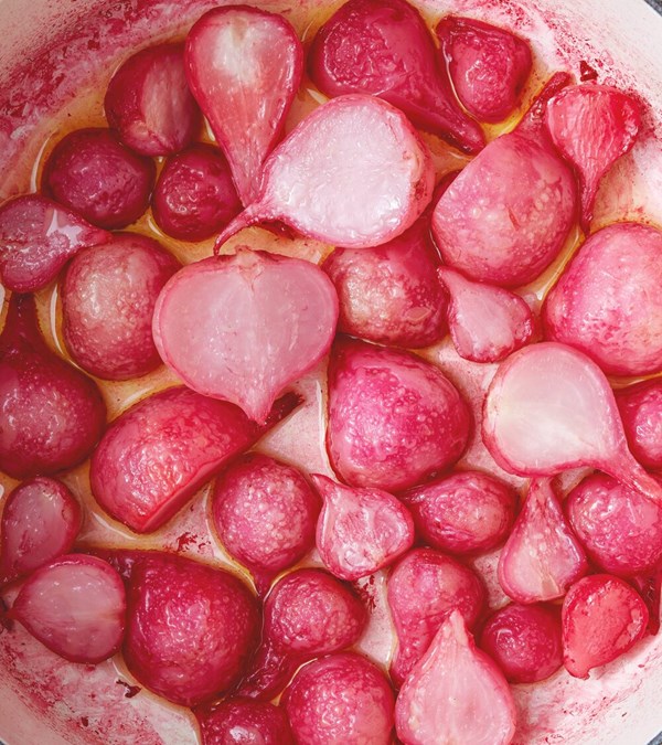 Braised and glazed radishes, turnips, or other root vegetable