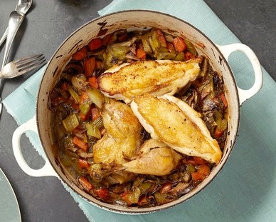 Braised and roasted chicken with vegetables