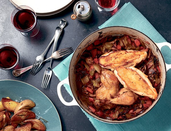Braised and roasted chicken with vegetables