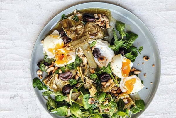 Braised artichoke, egg, olive and watercress salad