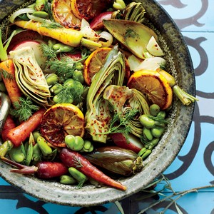 Braised artichokes, favas, and carrots in creamy lemon sauce with fennel