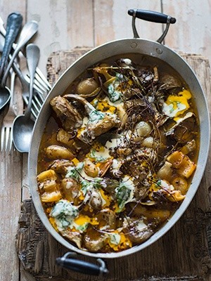 Braised artichokes, preserved lemon & fingerling potatoes with basil crème fraîche