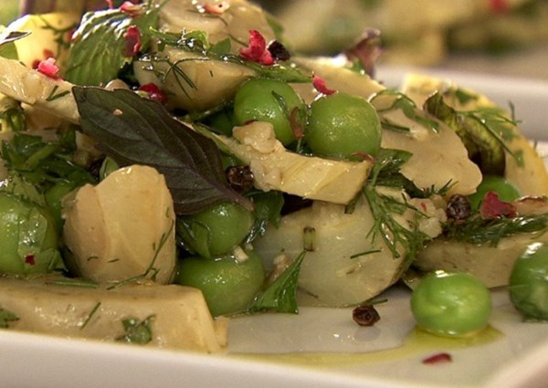 Braised artichokes with freekeh grains and herbs