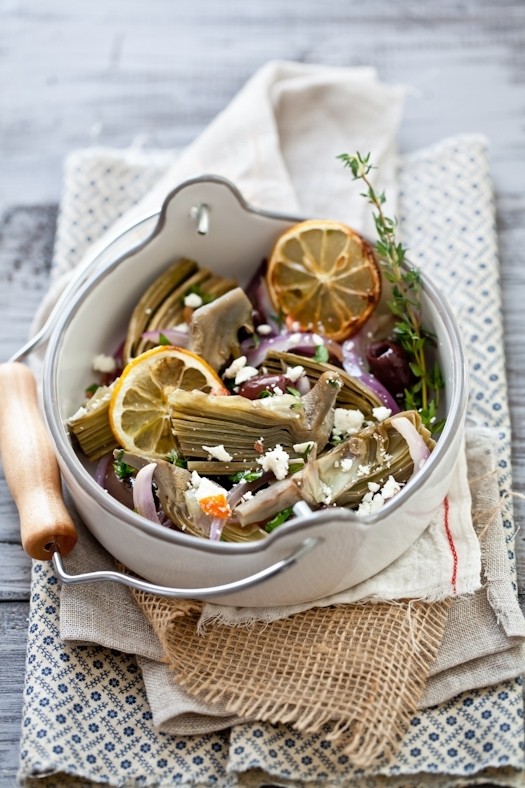 Braised artichokes with olives & feta
