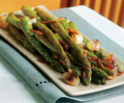 Braised asparagus and cipolline onions with pancetta and balsamic butter glaze