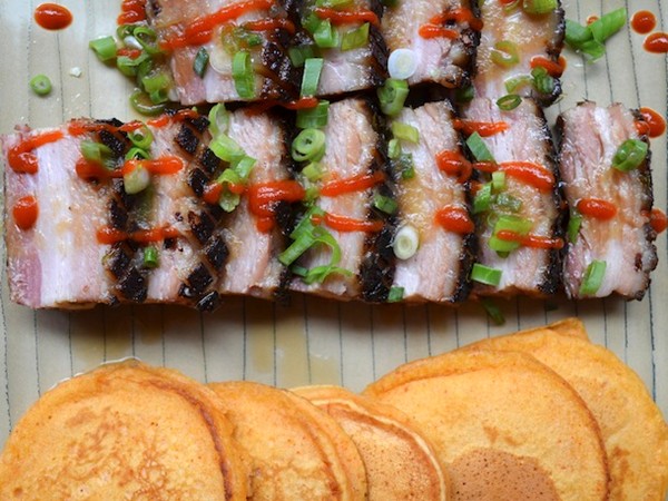 Braised bacon with smoked paprika pancakes