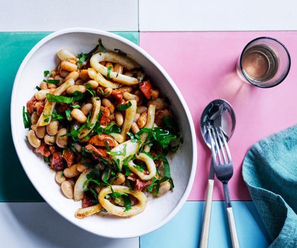 Braised beans with chorizo and calamari