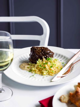 Braised beef cheek, burghul salad, and bread and anchovy sauce