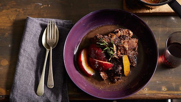 Braised beef cheek with Santa Rosa plum, rosemary and orange