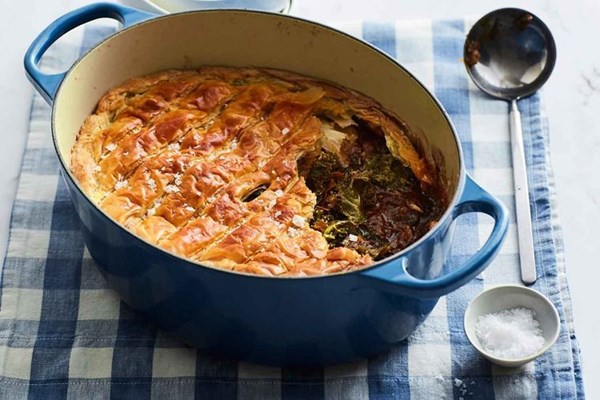 Braised beef cheeks and greens pot pie
