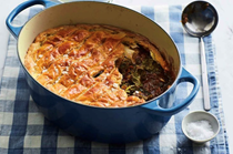 Braised beef cheeks and greens pot pie