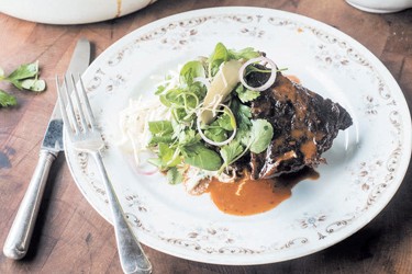 Braised beef cheeks with celeriac remoulade & Pinot pickled shallot salad