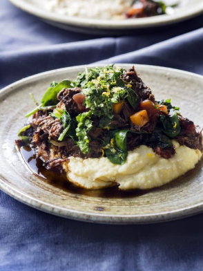 Braised beef cheeks with ricotta polenta and gremolata