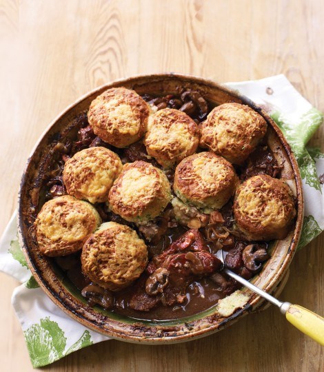 Braised beef in ale with mustard scone topping