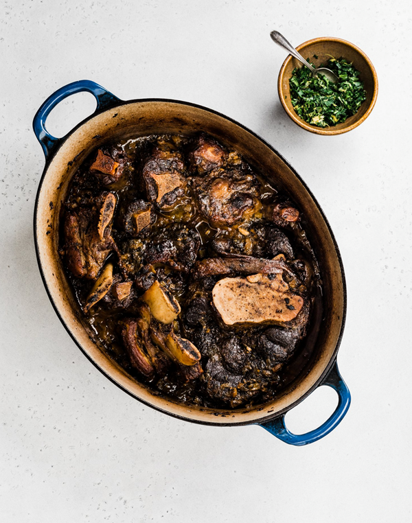 Braised beef oxtails, shin and short ribs with gremolata