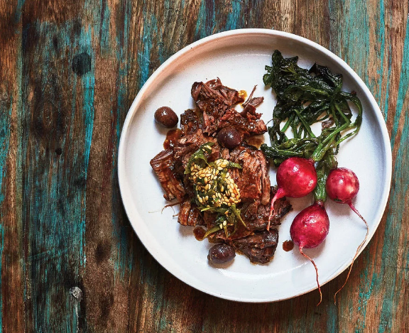Braised beef shank with roasted radishes and flaxseed relish