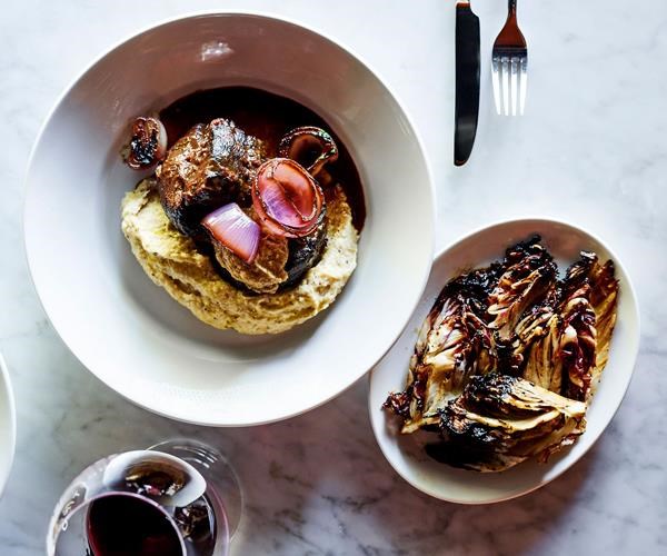 Braised beef shin with charred onion and bagna cauda (Brasato al Barolo, bagna cauda)