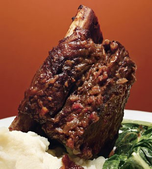 Braised beef short ribs with red wine gravy and Swiss chard