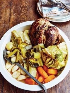 Braised beef with leeks, carrots, potatoes, celeriac (Pot-au-feu)