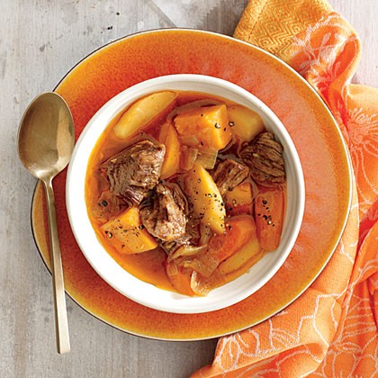 Braised beef with onion, sweet potato, and parsnip