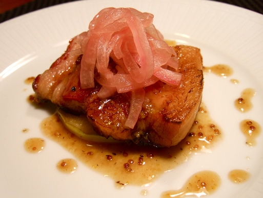 Braised Berkshire bacon with pickled onions
