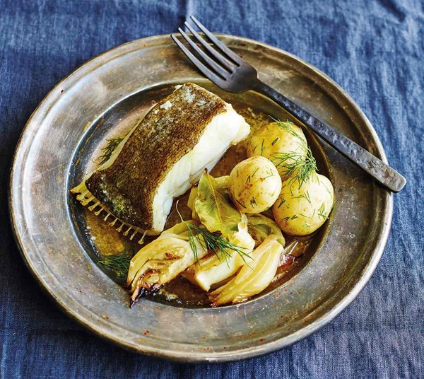 Braised brill steaks with fennel, garlic and white wine
