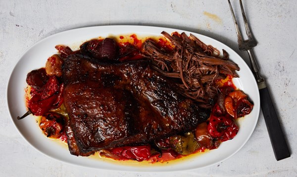 Braised brisket with hot sauce and mixed chiles