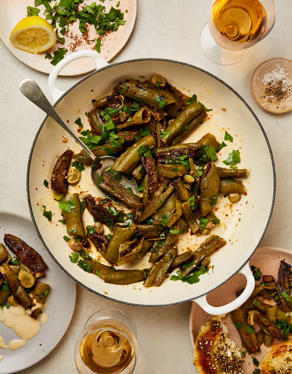 Braised broad bean pods with chilli and garlic