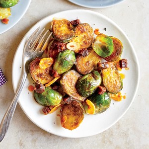 Braised Brussels sprouts with chorizo and garlic