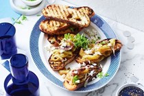 Braised bullhorn peppers, anchovies on toast