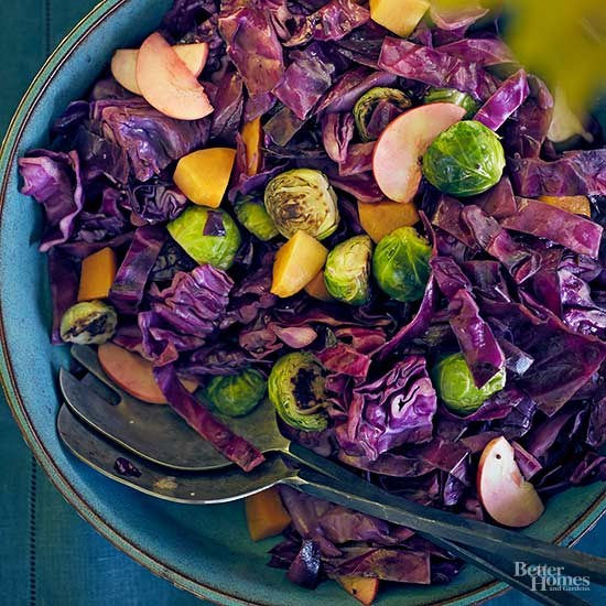 Braised cabbage with Brussels sprouts and squash