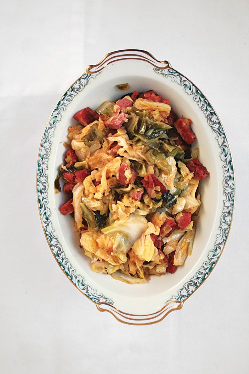 Braised cabbage with slab bacon