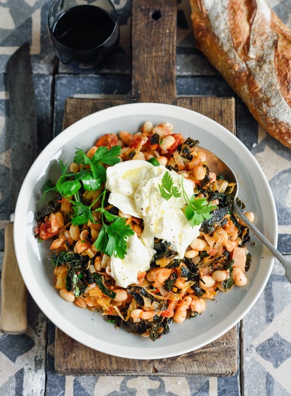 Braised cannellini with kale and burrata