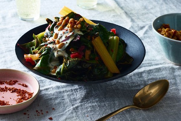 Braised chard with tahini and pine nuts