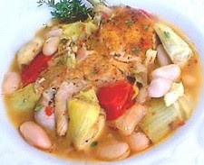 Braised chicken and artichoke hearts with lemon, cherry peppers and thyme