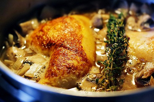 Braised chicken and mushrooms with sherry and dill cream sauce