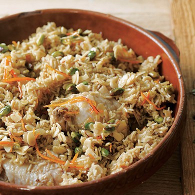 Braised chicken and rice with orange, saffron, almond and pistachio syrup