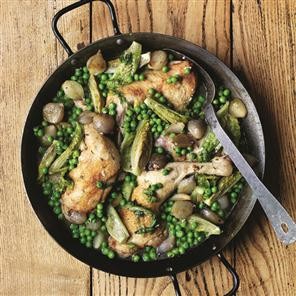 Braised chicken legs with baby onions, lettuce and peas