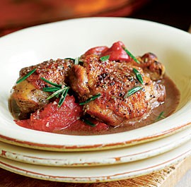 Braised chicken legs with red wine, tomato, anchovies, and rosemary