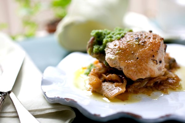 Braised chicken thighs with caramelized fennel