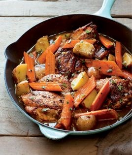 Braised chicken thighs with carrots, potatoes, and thyme