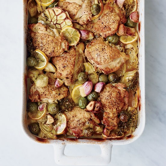 Braised chicken thighs with marinated artichokes