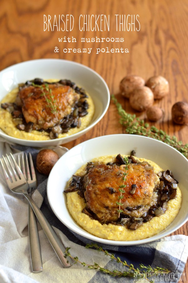 Braised chicken thighs with mushrooms and creamy polenta