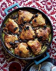 Braised chicken thighs with potatoes, porcini and dried cherries