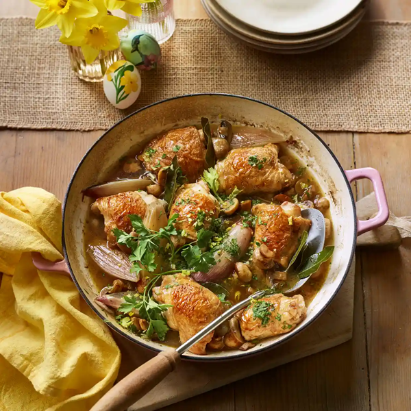 Braised chicken thighs with rosé wine, mushrooms, shallots