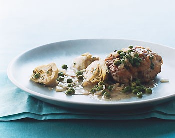 Braised chicken with artichokes and peas
