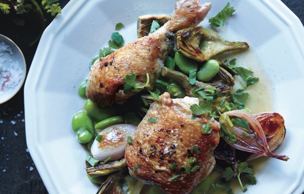 Braised chicken with artichokes and fava beans